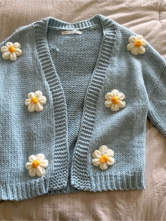 Altar'd State Sweaters - Altar'd State Light Blue Daisy Appliqué Knit Cardigan
